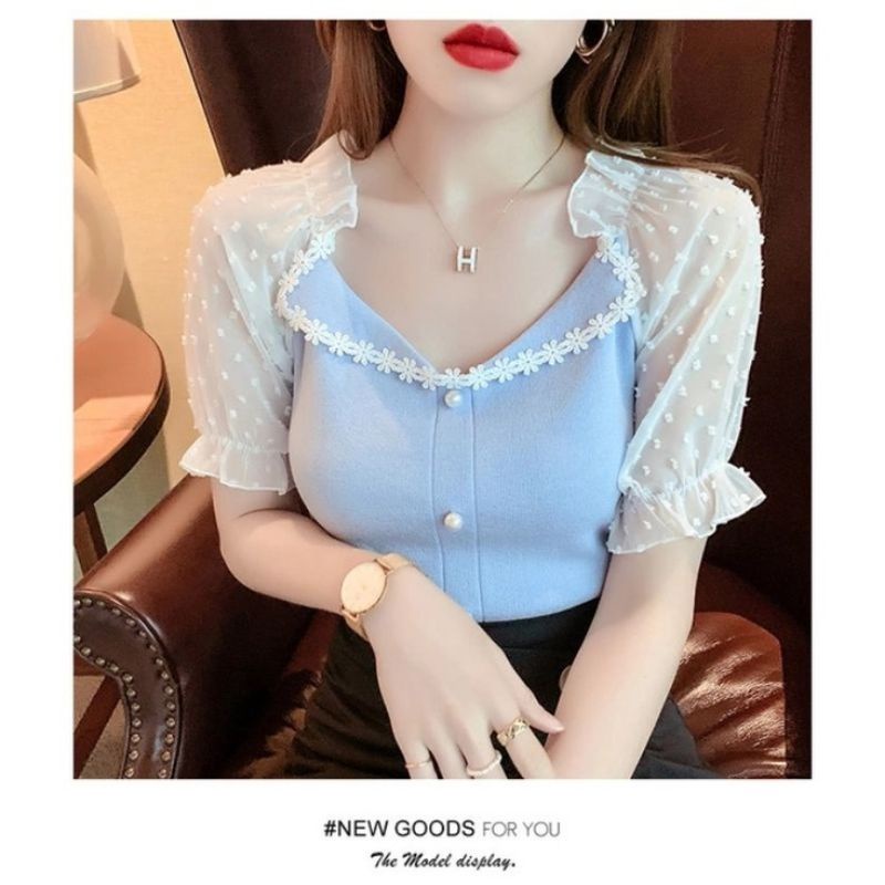 MDLV ~ 85008 VIKKY KNIT TOP KOREA ATASAN RAJUT COMBI TOP RAJUT DAISY BLOUSE RAJUT FASHION IMPORT