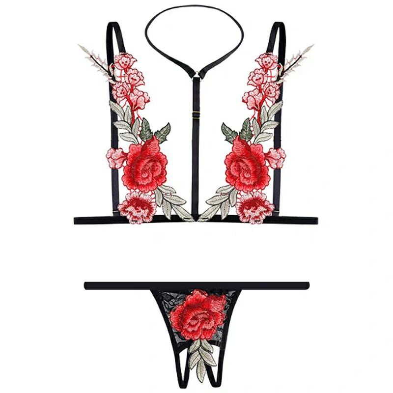 Bra Wanita Open Crotch G String Renda Bikini Set Lingerie Halter Bunga Lingerie Babydoll 3B039
