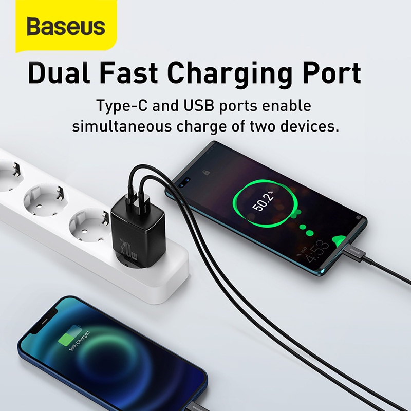 Baseus Kepala Charger Quick Charger QC3.0 Type-C+USB 20W PD Fast Charge