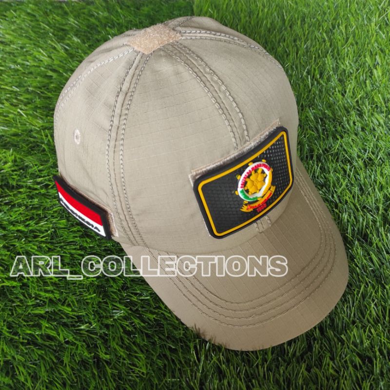 TOPI POL PP BDU VELCRO CREAM TAN PLUS 3 LOGO PATCH RUBBER/TOPI SATPOL PP LOGO 3D TIMBUL