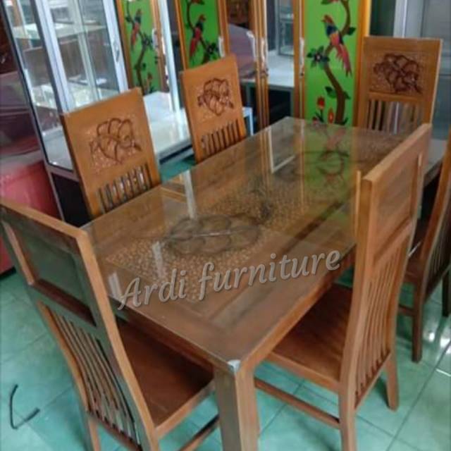 MEJA MAKAN 6 KURSI DAN KACA MEJA - MEJA MAKAN BAHAN KAYU JATI - ASLI MEBEL JEPARA