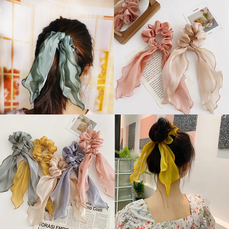 AC016 Ikat Rambut Satin Model Pita Korea Karet Rambut Bening Panjang