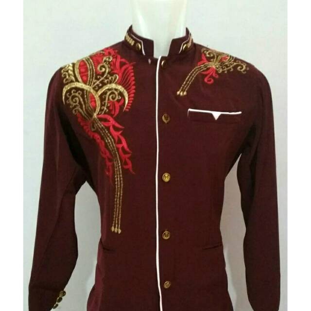 JASKO Modern Merah Marun Lis Putih - baju koko pria