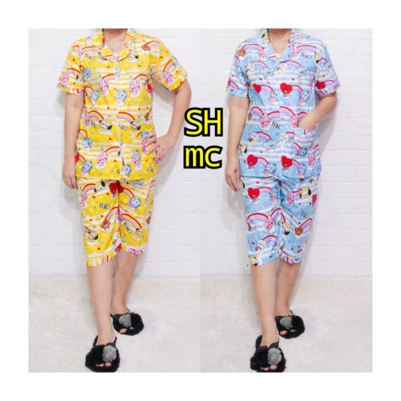 Baju Tidur Piyama Wanita Motif Bts Pajamas Katun  / Baju Tidur setelan Wanita Embos PP CP 3/4 Daster JUmbo 3 In 1 Terbaru Bigsize Kekiniaan