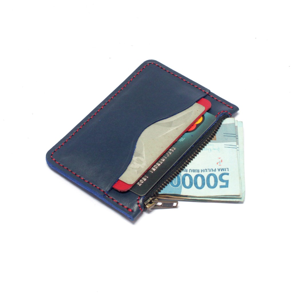 dompet kartu zipper resleting kulit asli biru merah - PHWL685