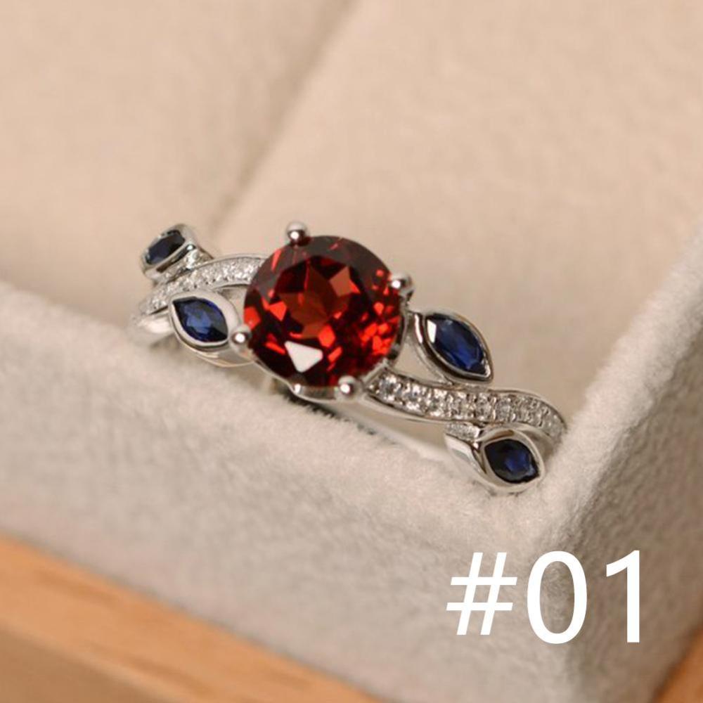 Timekey Cincin Wanita Desain Daun Hias Cubic Zirconia Sapphire Merah Untuk Pertunanganpernikahan A3K1