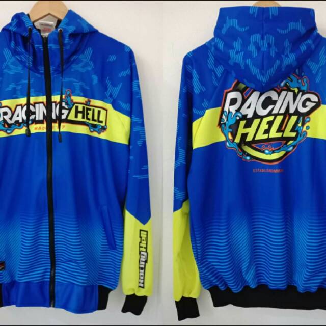 Jaket RACING HELL Printing Garis Hijau Stabilo Biru