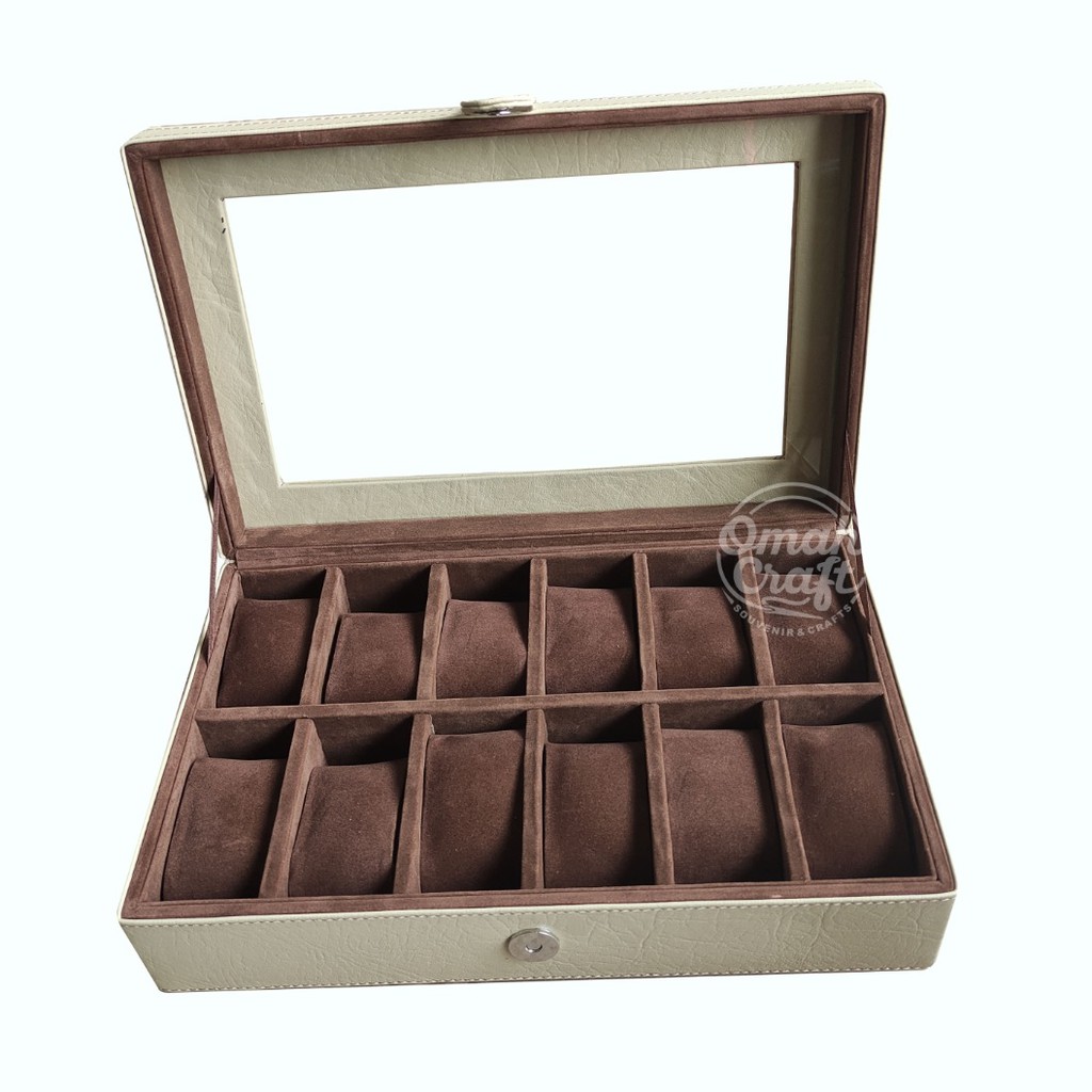 Kotak Jam Tangan isi 12 Warna Crem dalam Cokelat / Box Tepat Penyimpanan Jam Tangan / Watch Box