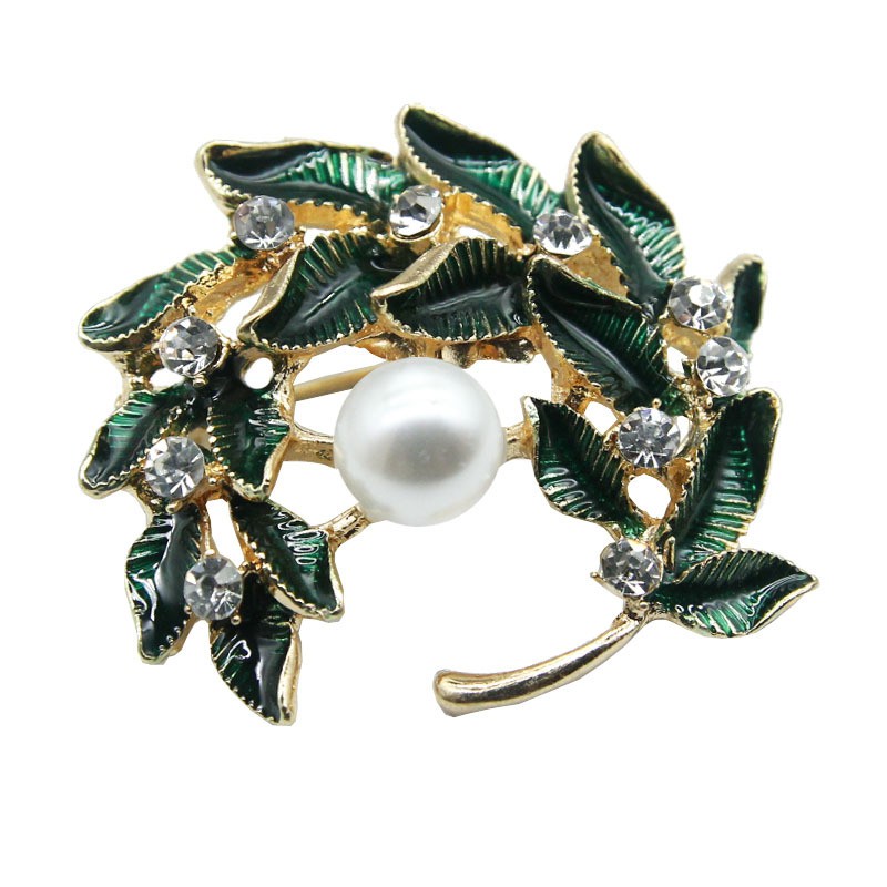 Versi Korea Daun Hijau Berlian Imitasi Mutiara Garland Bros Segar Gaya Pastoral Daun Hijau Cabang Karangan Bunga Bros Mutiara Populer All-Match Aksesoris Unisex-7