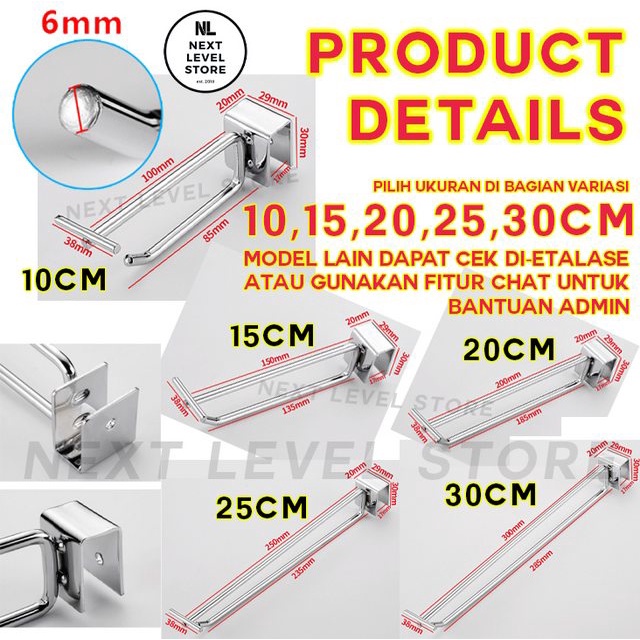 Single Hook Double Kotak Ram 10 15 20 25 30 CM TEBAL 6mm Stainless Display Cantolan Pipa Label Harga Price Tag