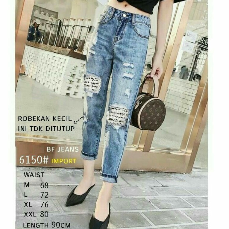 6150 Celana jeans boyfriend sobek panjang wanita import Celana panjang jeans sobek cewek import biru