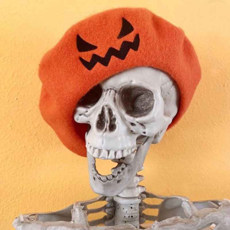 Topi Baret Desain Labu Halloween Tersenyum Gaya Retro Untuk Pesta