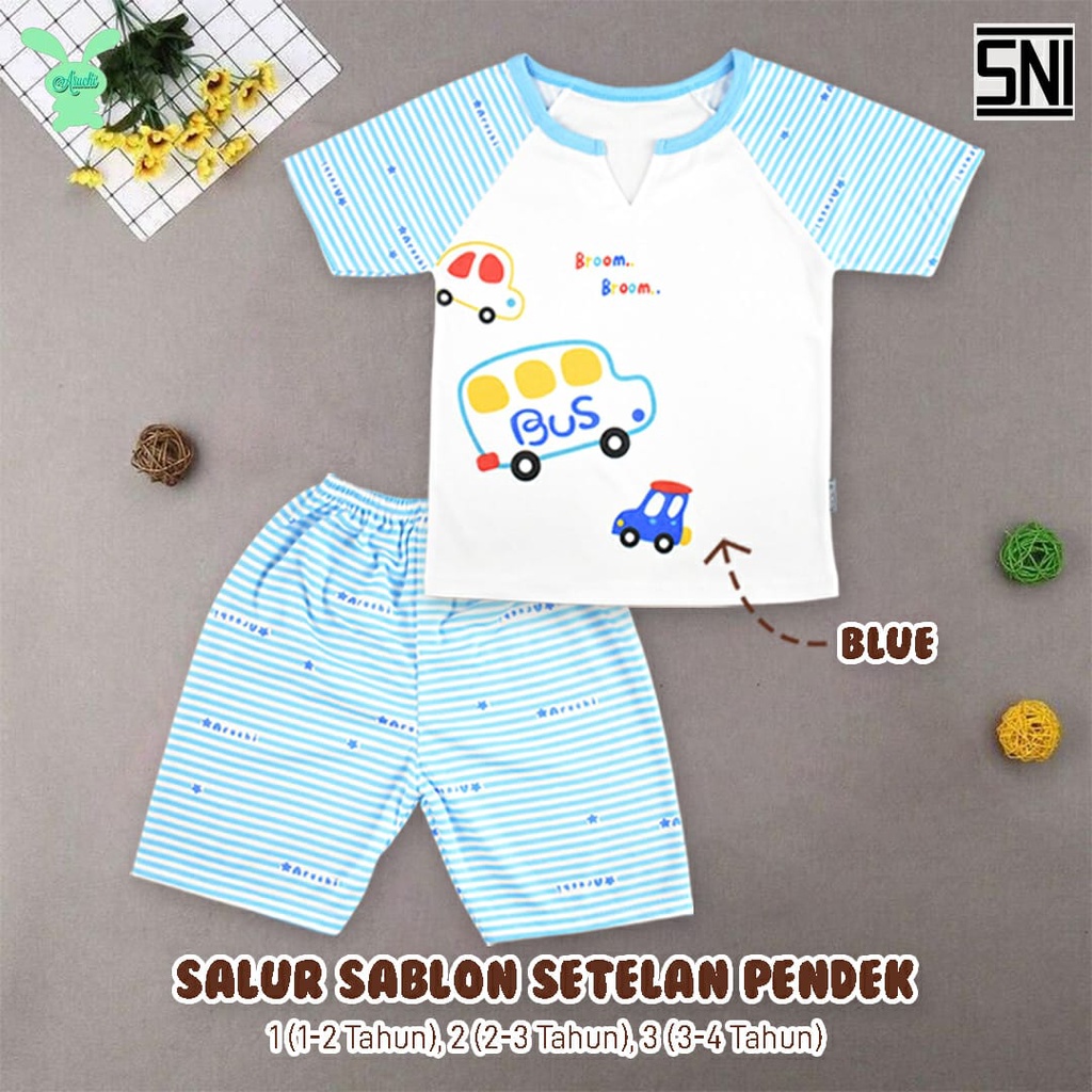 Aruchi Setelan Pendek Polo Series / Salur Sablon - Setelan Anak Murah