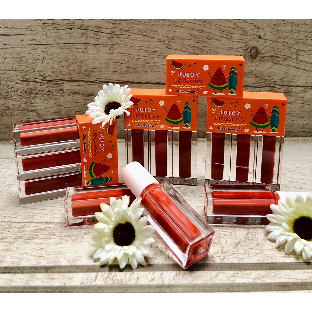 PAKET 1 BOX 8 PACK ISI 24PCS KISS BEAUTY JUICY FRUIT LIPGLOSS 3 IN 1 MURAH HARGA GROSIR BISA COD BAY