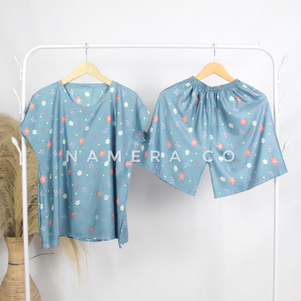 Setelan Baju Tidur Celana Pendek Piyama Wanita Motif Bunga Raster Rayon Premium