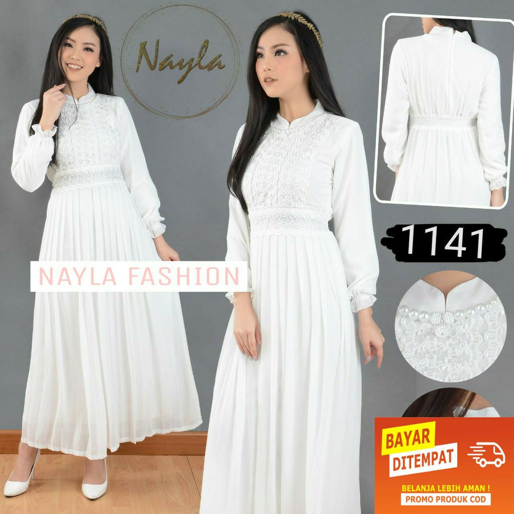 NAYLA Baju Gamis Putih Wanita Gamis Plisket Gamis Pesta Busana Muslim Brukat Lebaran Umroh Terbaru 1141