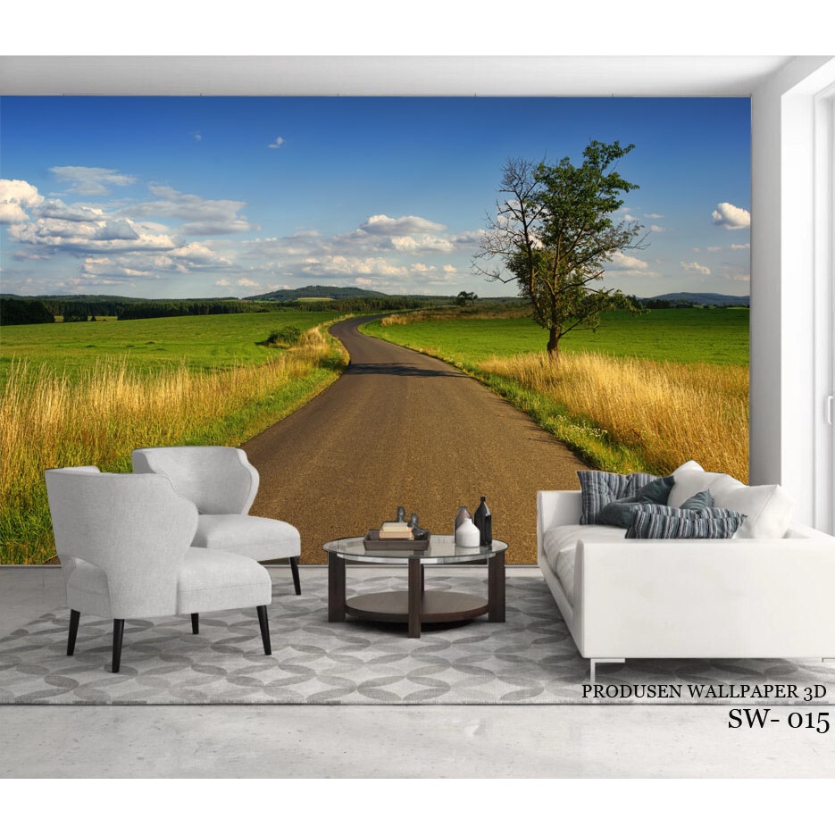 PERCETAKAN Wallpaper Dinding Ruang Tamu 3d Pemandangan Jalan Sawah Rerumputan Alami