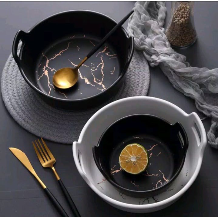 Elegant Marble Bowl Black White / Mangkok Saji Keramik Mangkuk Sup Motif Marmer Import
