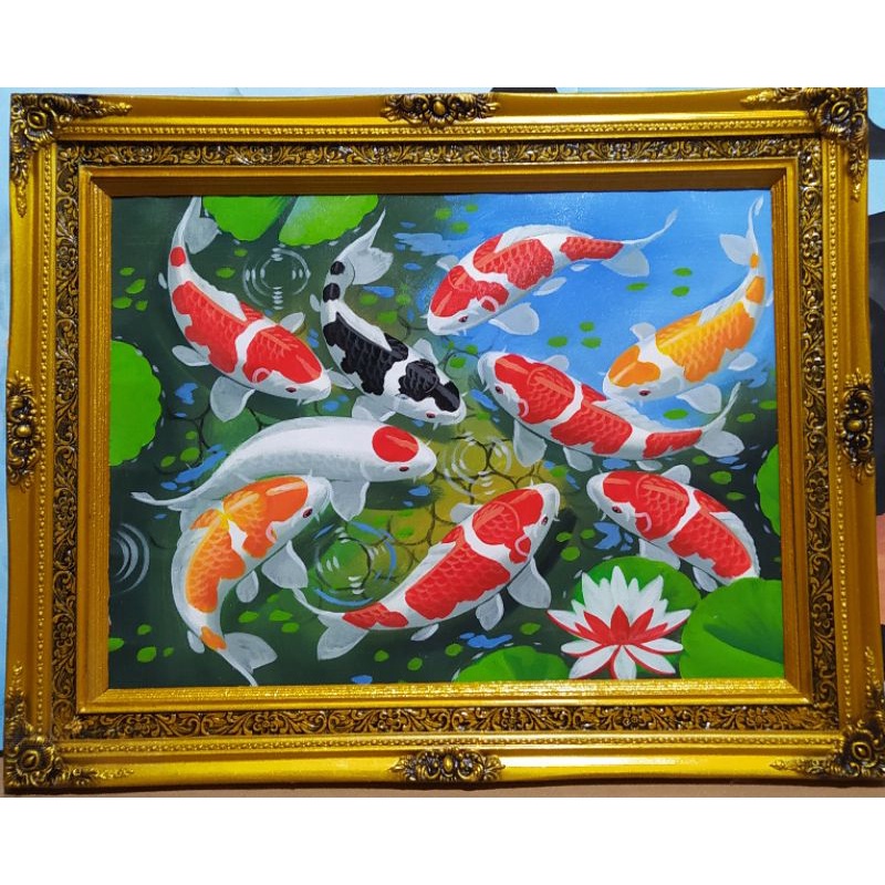 lukisan ikan koi dengan pigura kayu