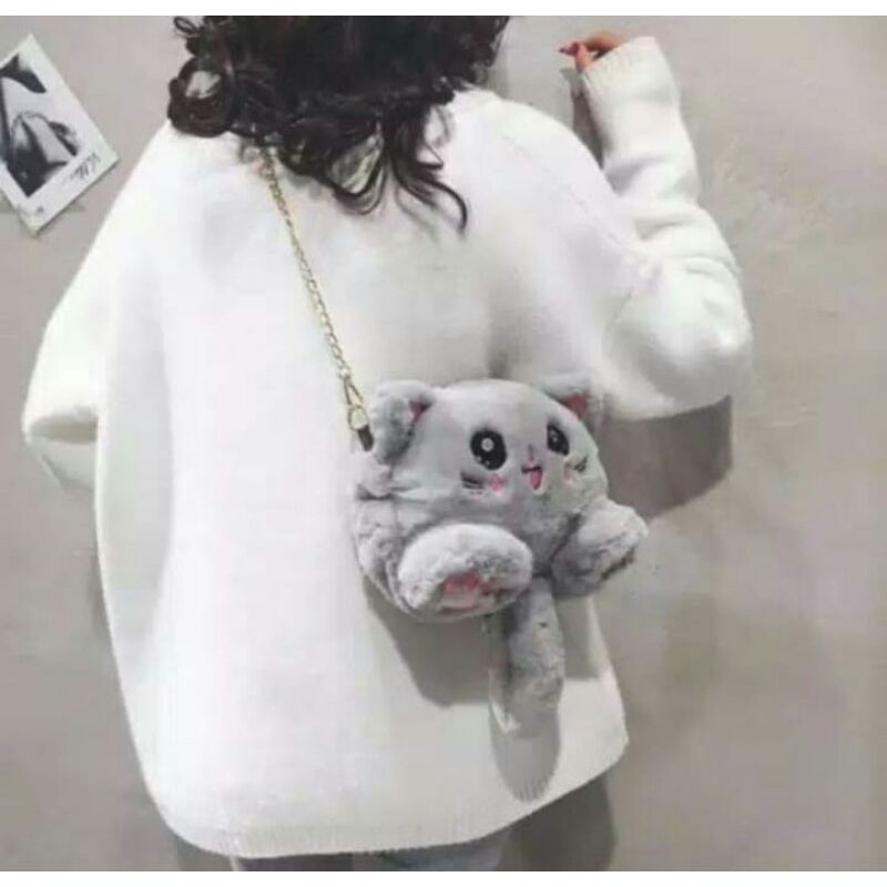 Tas Selempang Boneka Kucing FYYKACU Tas tali rantai Tas bulu korean style muat hp &amp; dompet ini