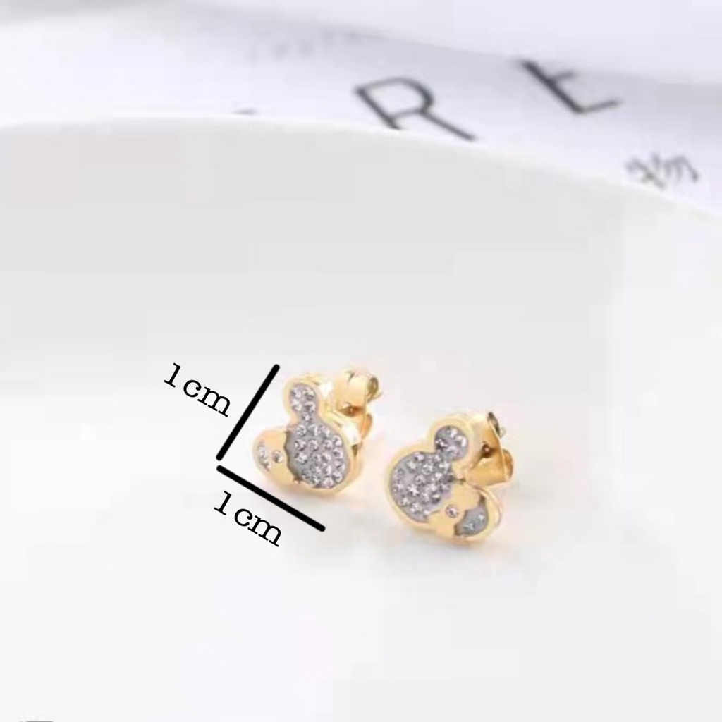 Anting Tusuk Ukuran 1cm x 1cm Minnie Dengan Taburan Diamonds Artifisial Tersedia Warna Rose Gold dan Gold