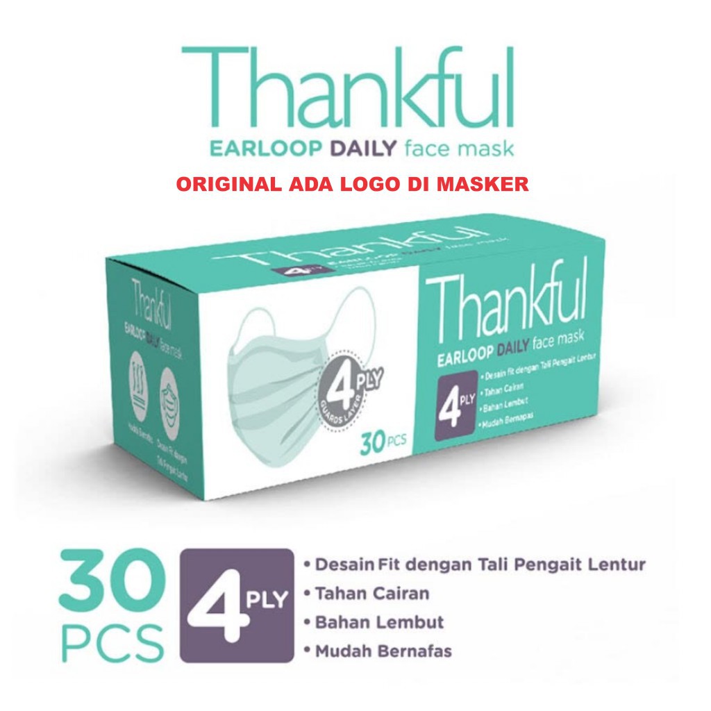 Thankful masker earloop 4 ply face mask / masker medis 3 ply isi 30 pcs