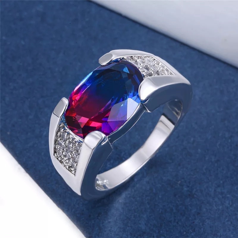 Cincin Perak Batu Ametrine Bicolor Dua Warna Cubic Zirconia Mewah Elegan High Class