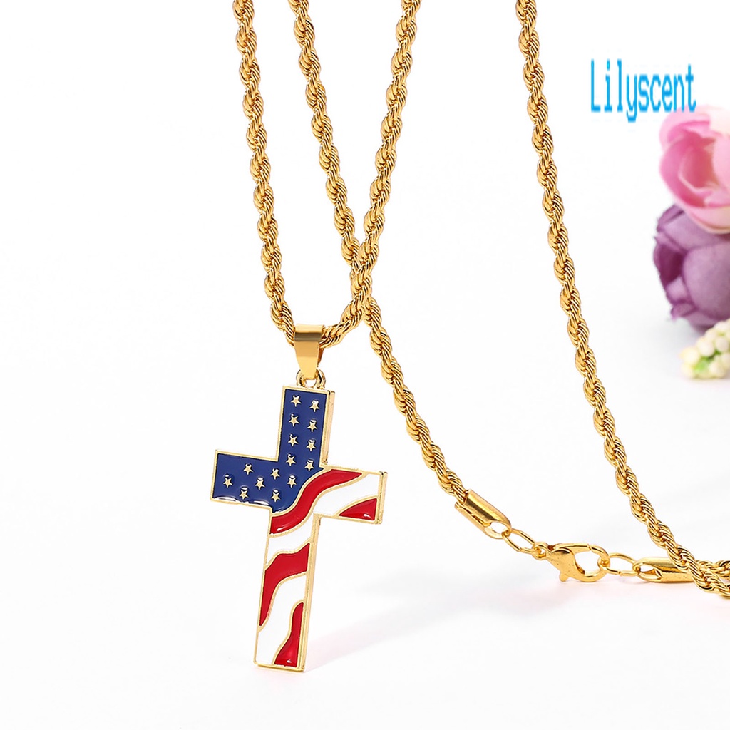 Lily Kalung Rantai Liontin Salib Motif Print Bendera Amerika / National Warna-Warni Untuk Pria