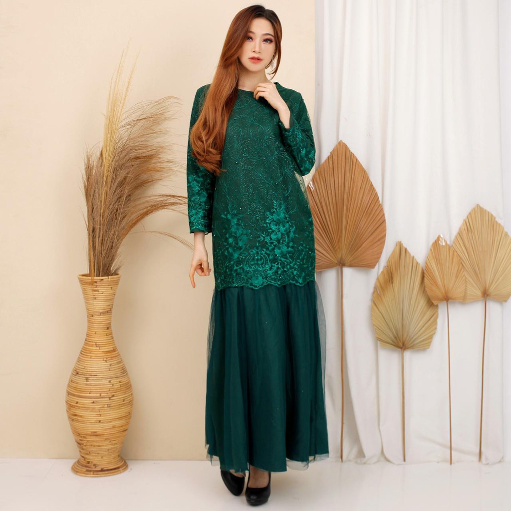 (FULL BRUKAT) Gamis Prilly Tille Duyung Premium Maxi Dress Brukat Tulle Bordir Gliter Fashion M