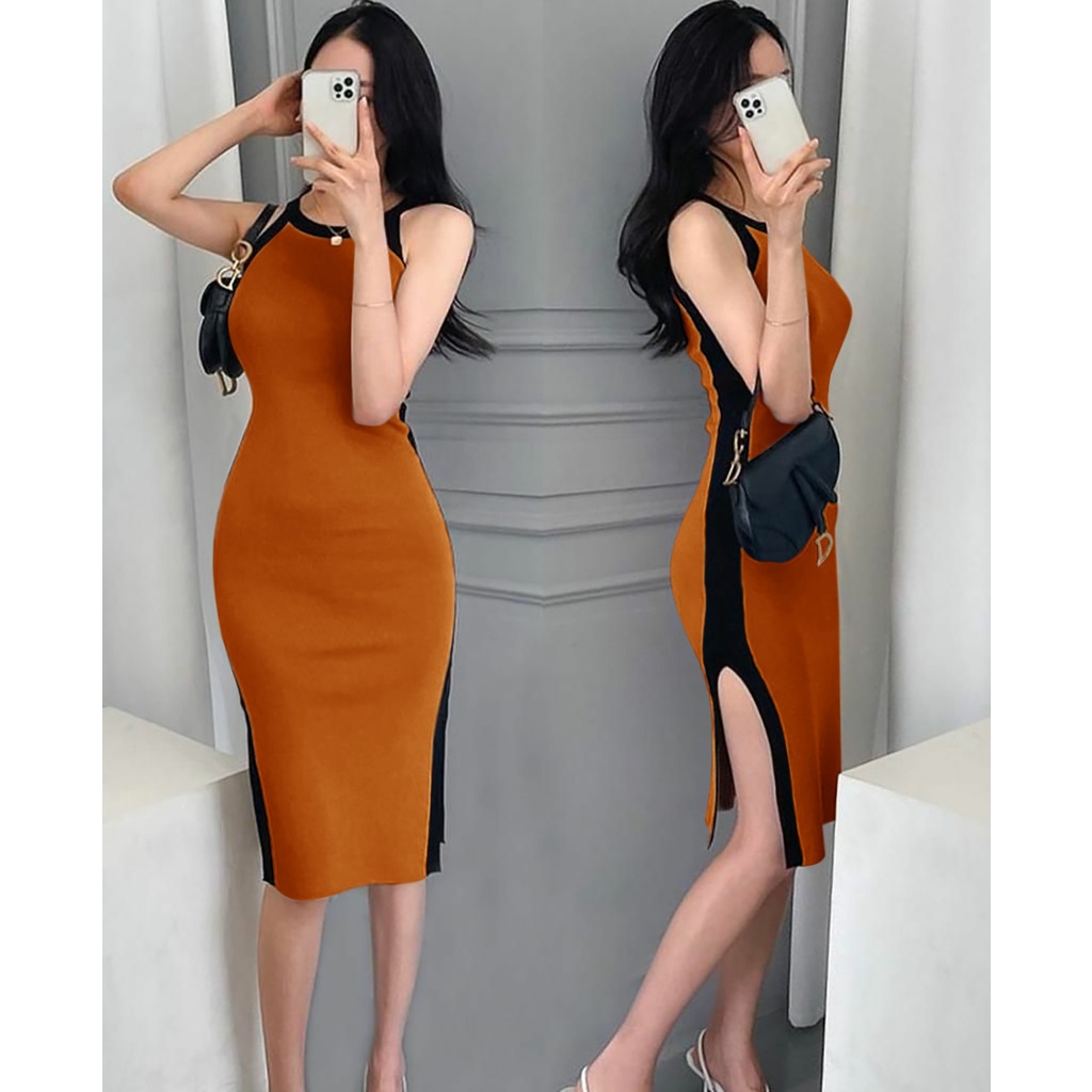 WSE390 - Dress Rajut Sydney Dress Rajut Wanita Dress Rajut Two-tone Sexy Tanpa Lengan UK Fit L To XL LD 100 CM - 110 CM PJ 110 CM PREMIUM QUALITY