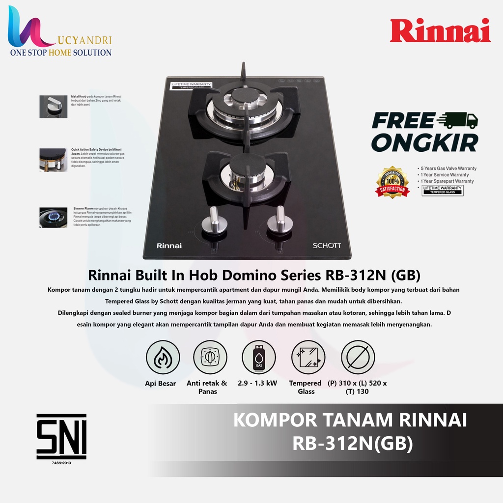 Kompor Gas Tanam Rinnai RB-312 N(GB) / RB 312 NGB FREE ONGKIR