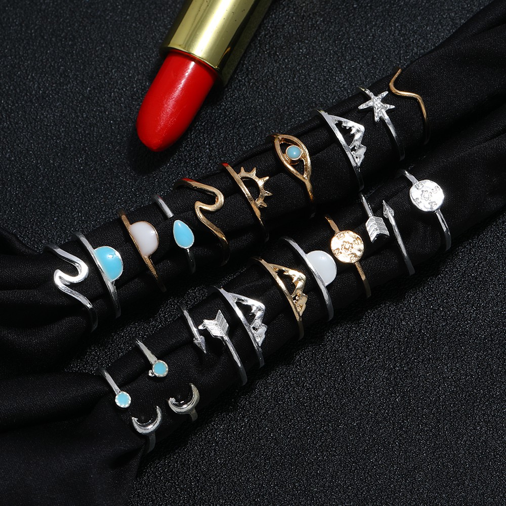 Cincin Paduan Pirus Biru | Wanita Pria Vintage Emas dan Perak Mix and Match Set Perhiasan