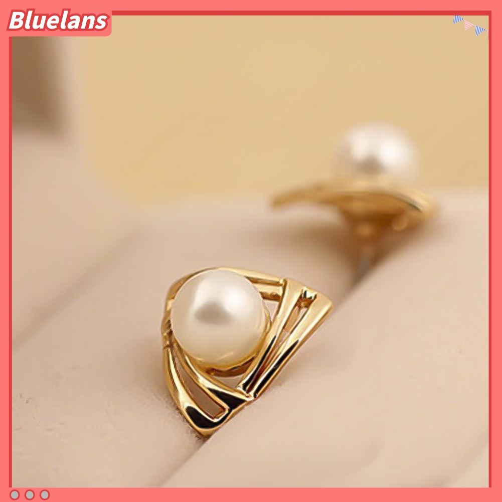 Bluelans Women Faux Pearl Inlaid Double Triangle Crossover Ear Stud Earrings Jewelry Gift