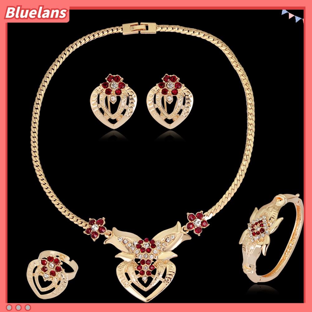 Set Perhiasan Kalung Gelang Cincin Anting Bentuk Bunga Aksen Berlian Imitasi Untuk Wanita