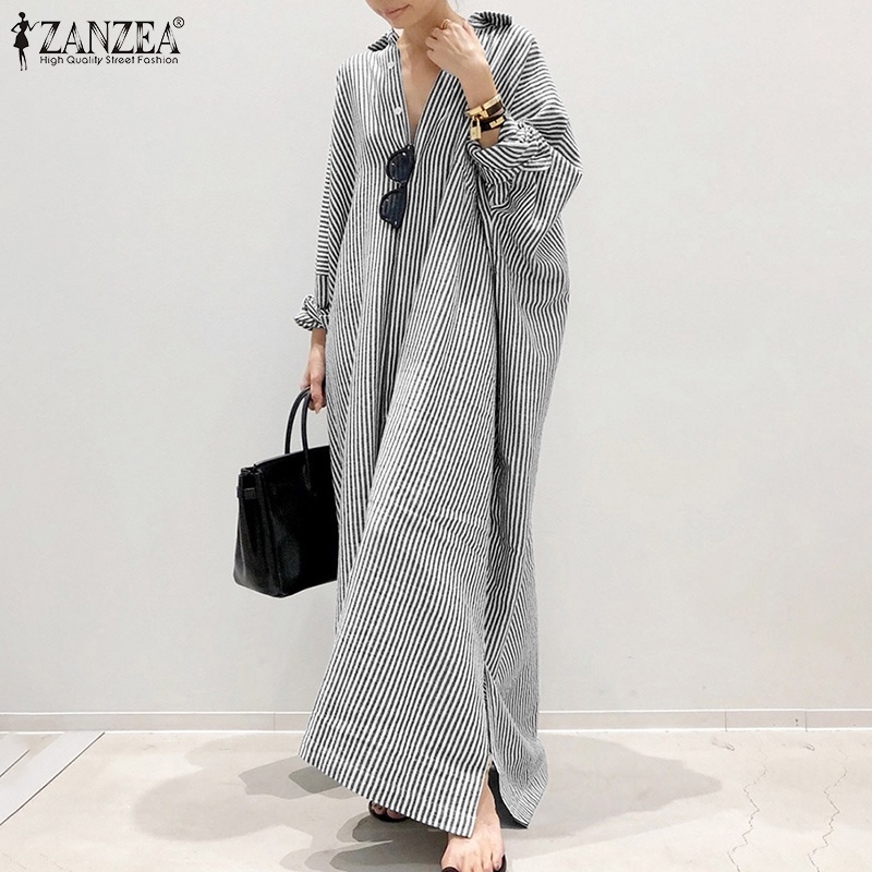 ZANZEA Women Fashion Casual Stripe Printed Button Down Split Hem Maxi Shirt Dress