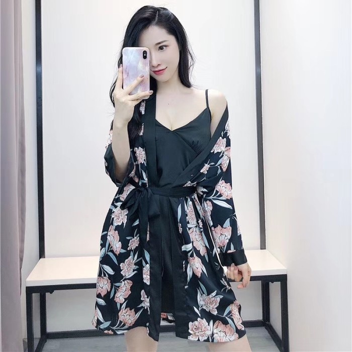 Baju Tidur - Kimono Baju Tidur Lingerie 2124 Silk Satin Premium Motif High Quality