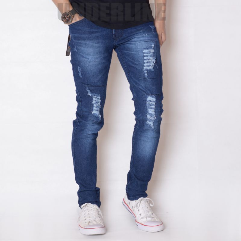 Celana jeans pria sobek lapis tidak tembus , Ripped jeans pria denim premium , jeans ripped original Underline