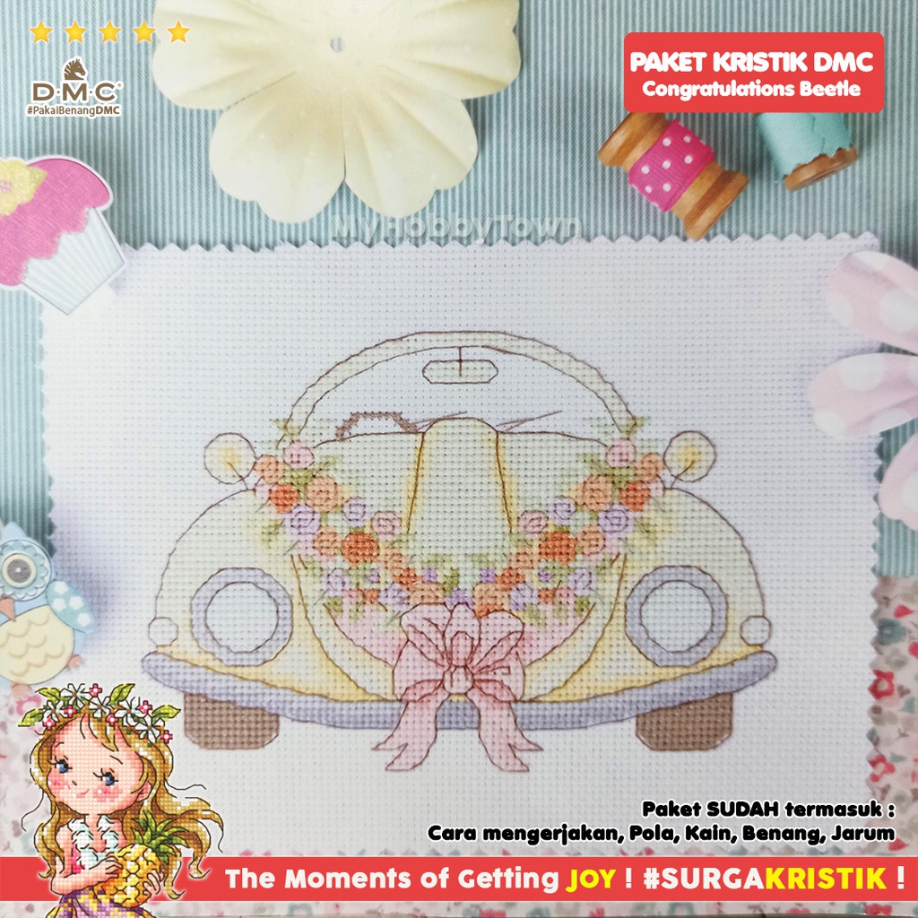 Paket DIY Craft Sulam Kristik Strimin TUVA Retro - Congratulations Beetle Wedding Mobil