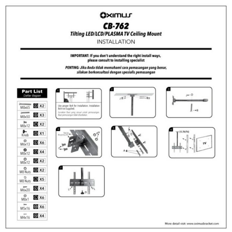 Bracket TV Ceiling Breket Gantung Plafon Oximus Model CB762 26&quot;-55&quot; Tilt Swivel Bisa 6 Arah Kualitas Import