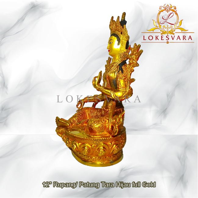 Patung Rupang Arca Logam Tara Hijau 12inch Full Gold