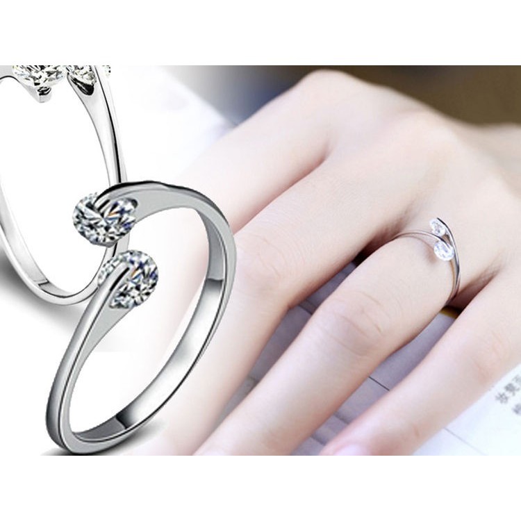 Cincin Silver Sterling 925 Simple Elegan dengan Kristal + Berlian Imitasi untuk Wanita