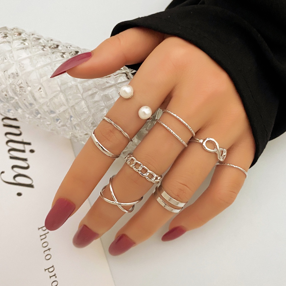 9pcs / set Cincin Silver Model Terbuka Dengan Mutiara Untuk Wanita