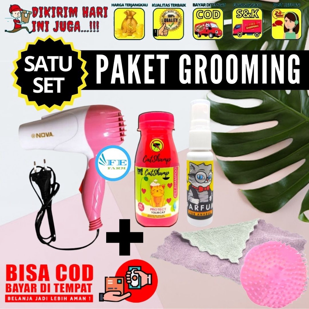 Paket Grooming Kucing Hemat Hairdryer+Shampoo+Parfume+Handuk+Sikat+Pouch Paket Hemat Bergaransi FEFARM