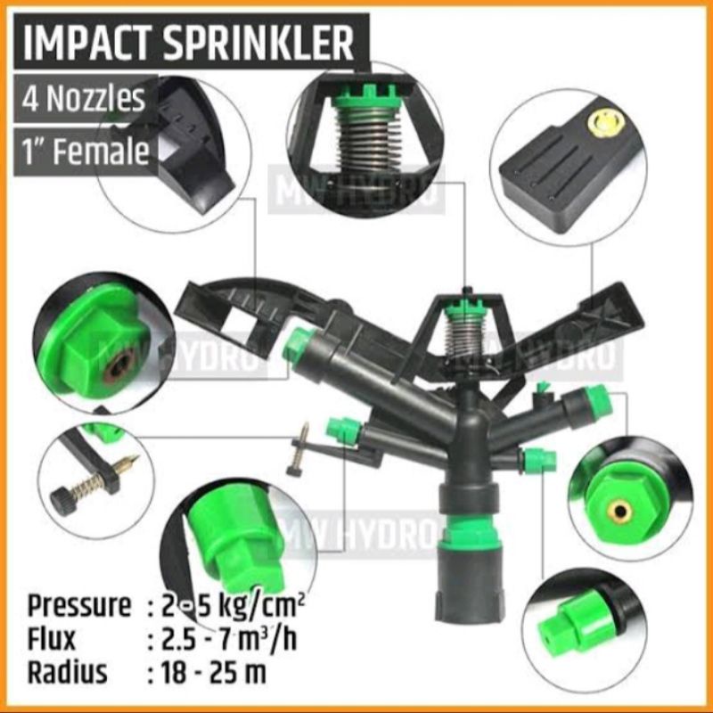 Sprinkler 4 Nozzle Mutar 360 Drajat Sprinkler 1 inchi sprinkle springkler pertanian shaestore15