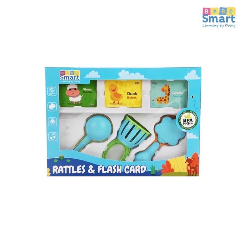 Bebe Smart Rattles &amp; Flash Card Set Mainan Edukasi Kartu Pintar Bayi Sensorik Kado Hadiah Anak Pegangan Bunyi Kerincing Bayi