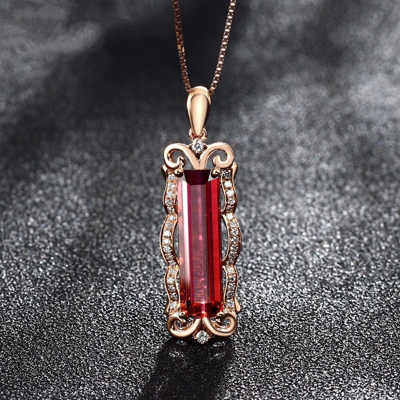 [Ready Stock]Fashion Inlaid Ruby Pendant 18K Rose Gold Plated Necklace