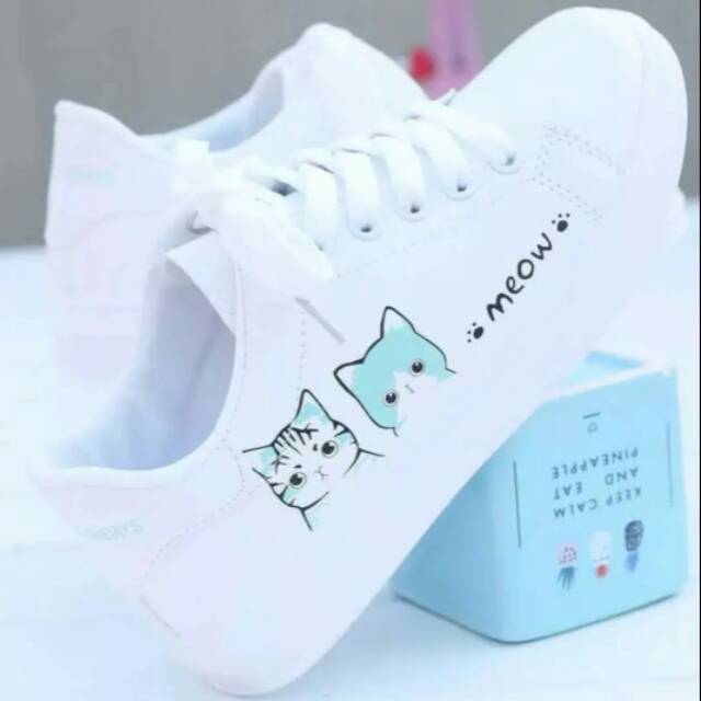 Promo Sepatu Anak Print Motif Meow Putih Tosca