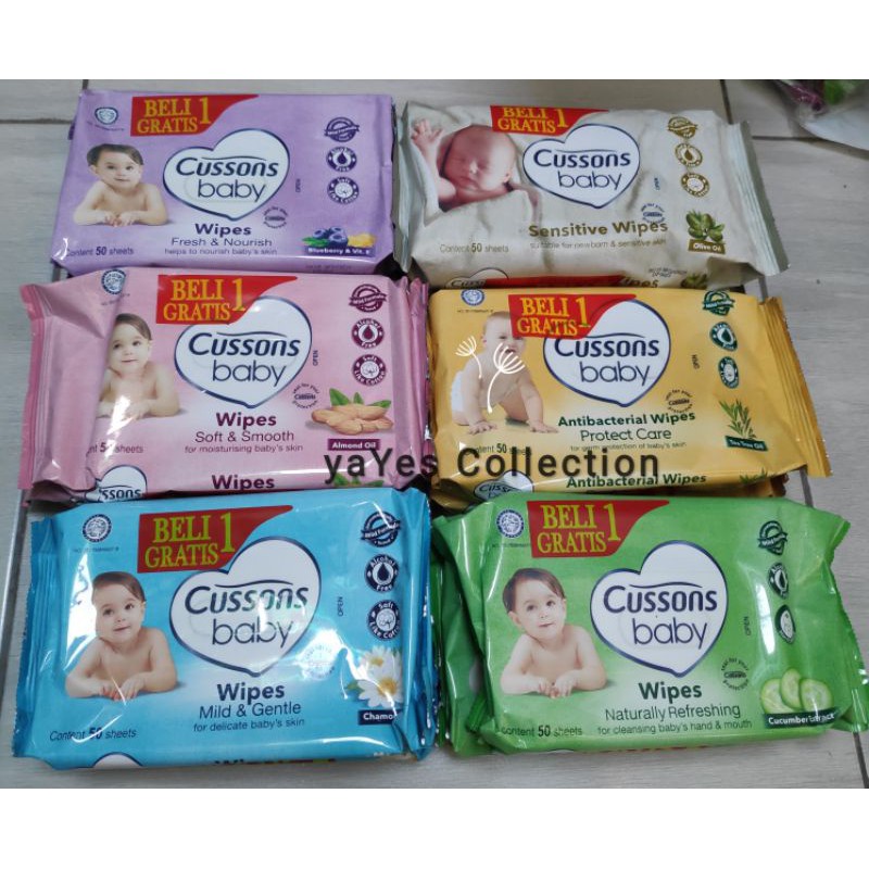 Cusson baby wipes tisue basah 100 sheets 50 's tisu bayi tissu 1 gratis satu cussons antibacterial