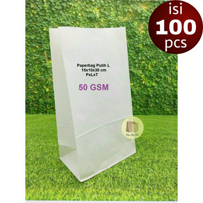 

Paperbag Kantong Kertas Putih L 15x10x30 cm (isi 100 pcs)