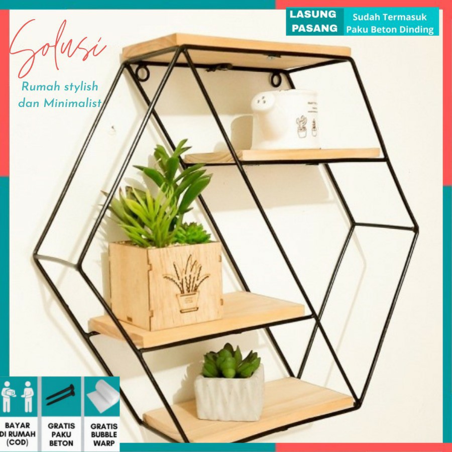 Rak Bunga Hiasan Dekorasi Dinding Tempel Besi Kayu Segi Enam Serbaguna Minimalis Kamar Vinttage